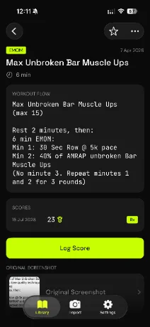 WodShot workout library with tracked scores and PRs
